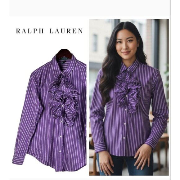 Lauren Ralph Lauren Shirt Large Purple Striped Button-Up Shirt Ruffle Academia - Picture 1 of 10